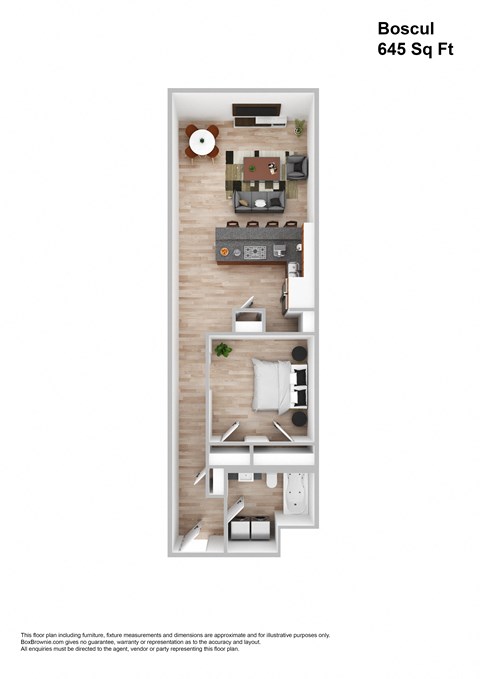 Floor plan for 1 bed, 1 bath, 645 sqft